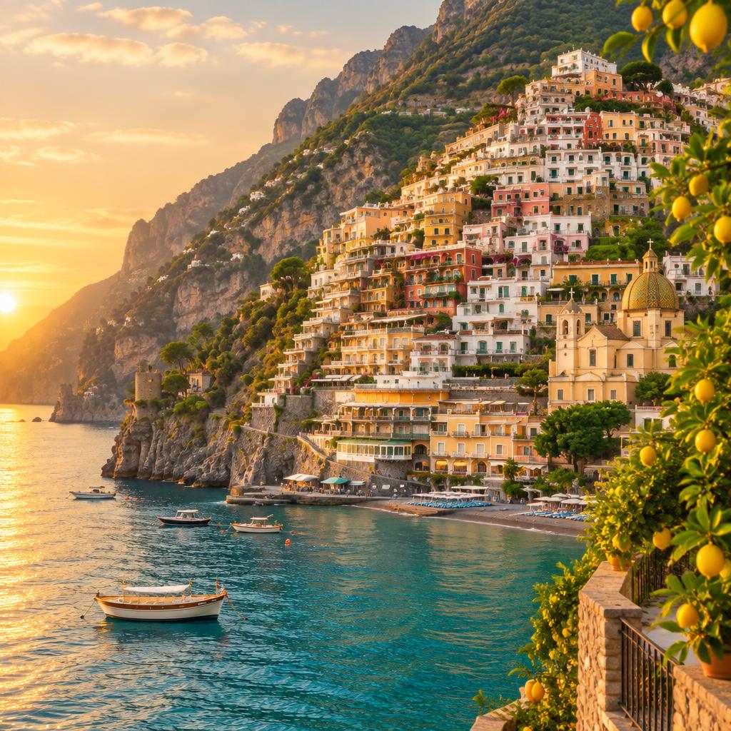 Positano, na costa Amalfitana, com casas pastel sobre o mar ao pôr do sol