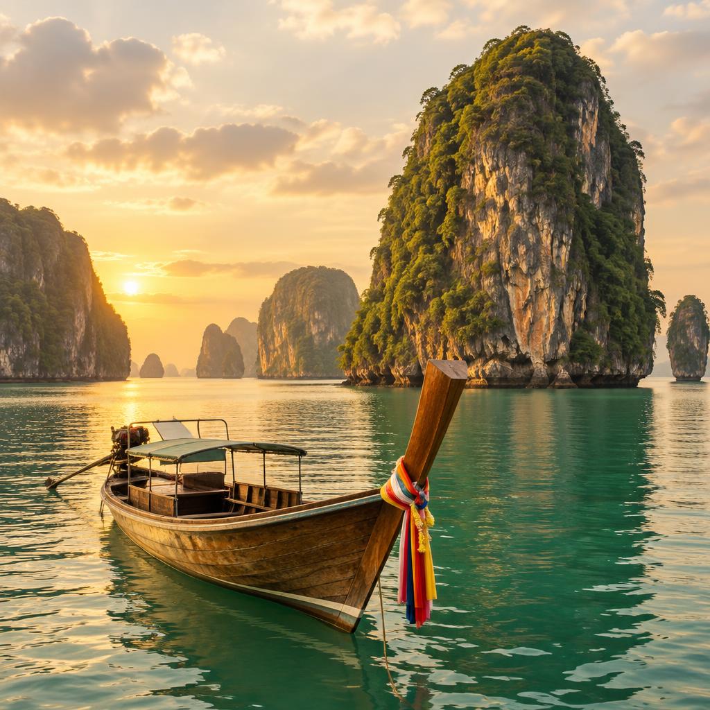 Barco de cauda larga nas águas esmeralda da baía de Phang Nga, na Tailândia