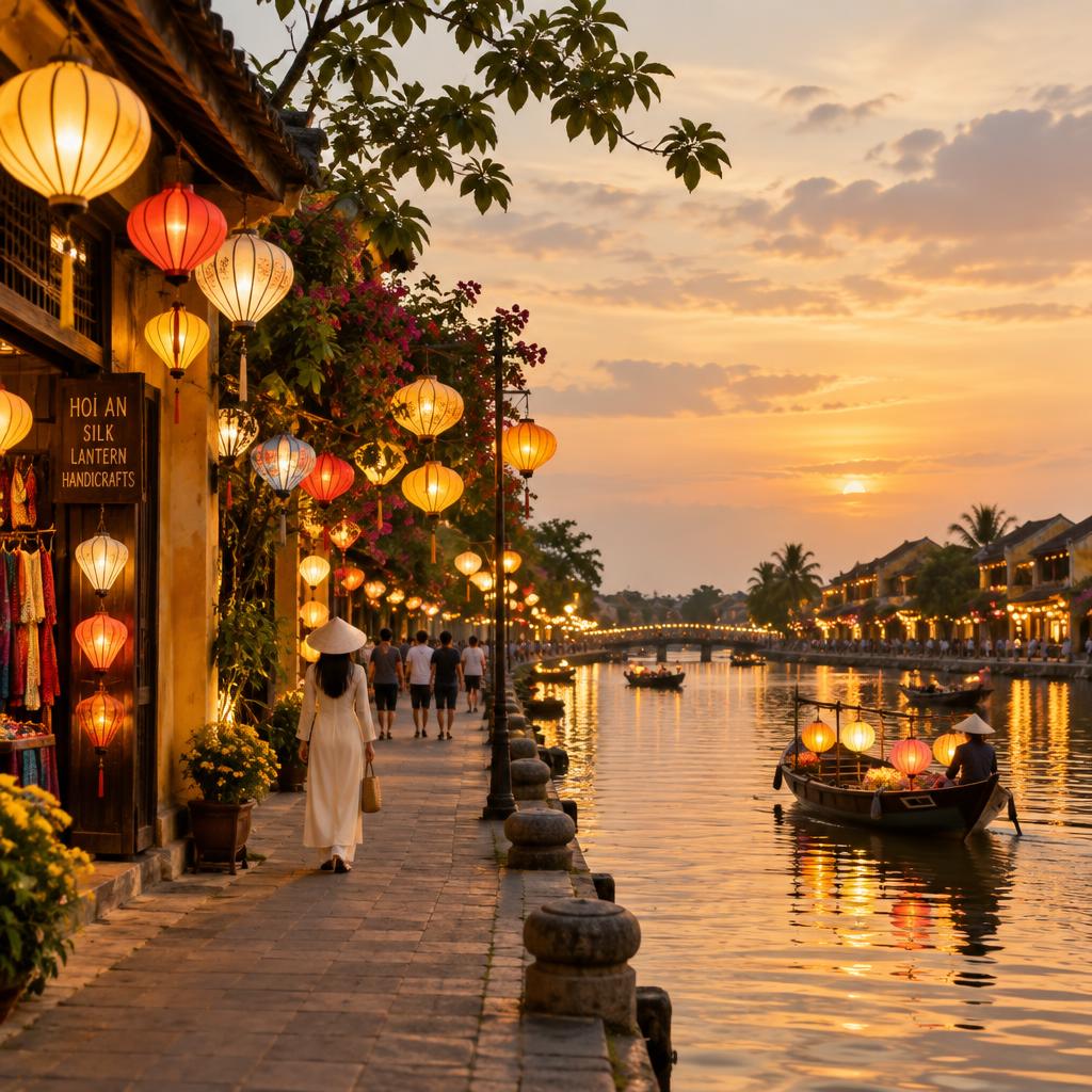 Rua à beira-rio em Hoi An, Vietname, iluminada por lanternas ao pôr do sol