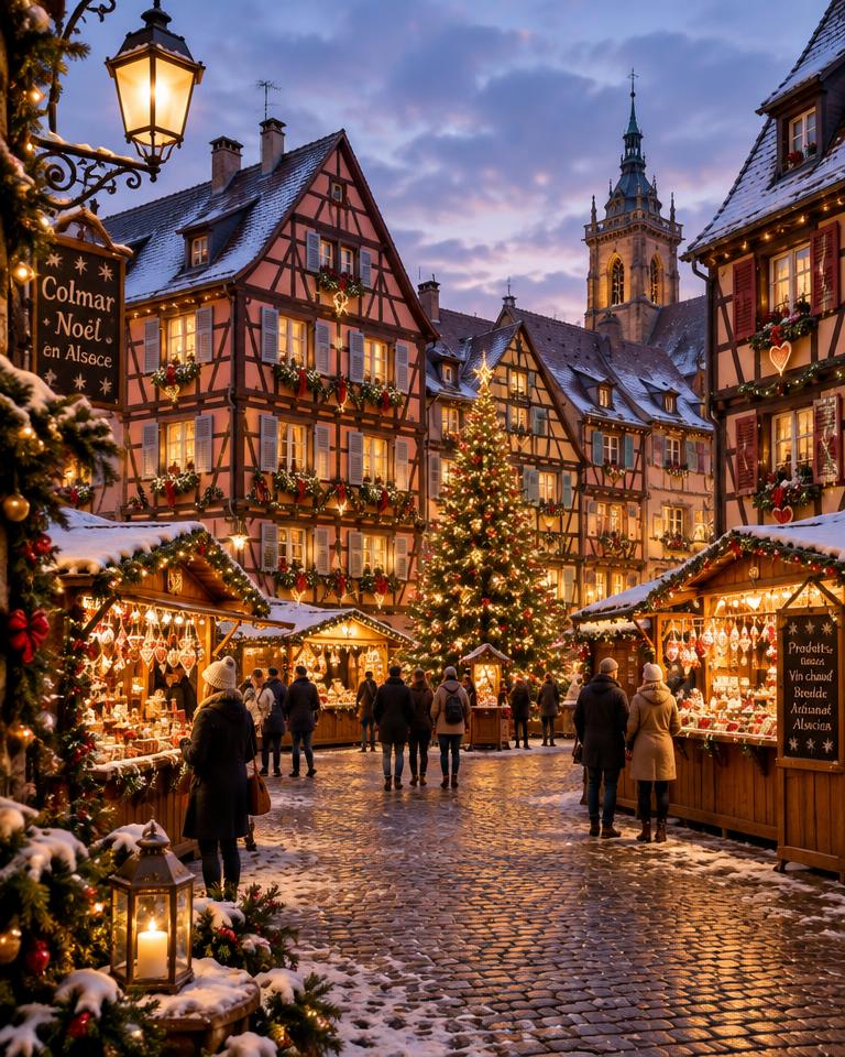 Mercado de Natal de Colmar, Alsácia, com casas em madeira decoradas ao anoitecer