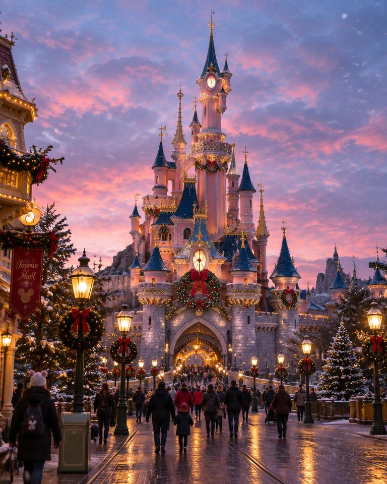 Castelo da Disneyland Paris decorado para o Natal ao anoitecer