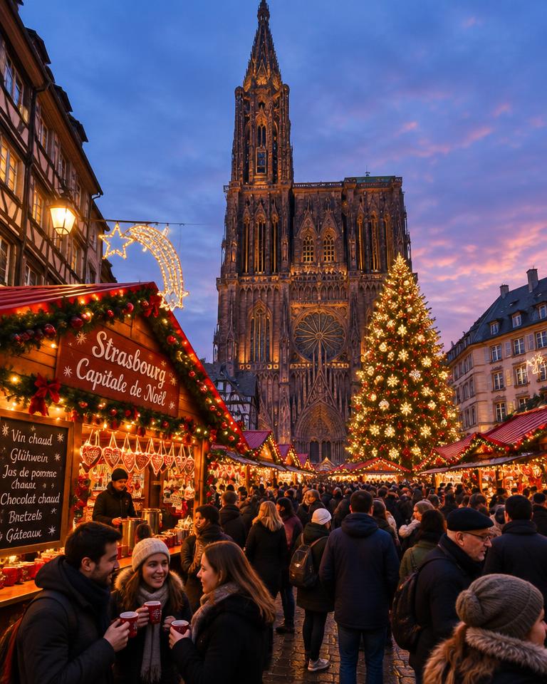 Mercado de Natal de Estrasburgo com a catedral gótica e chalets iluminados ao anoitecer