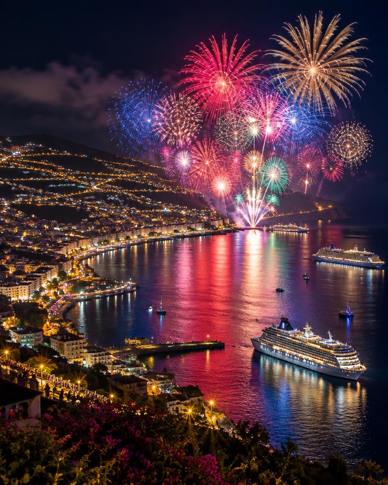 Fogo de artifício sobre a baía do Funchal, na Madeira, na passagem de ano